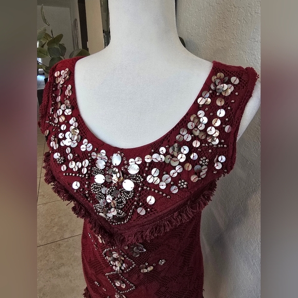 Free People Shell Game Embellished Burgundy Lace Dress - Picture 4 of 8